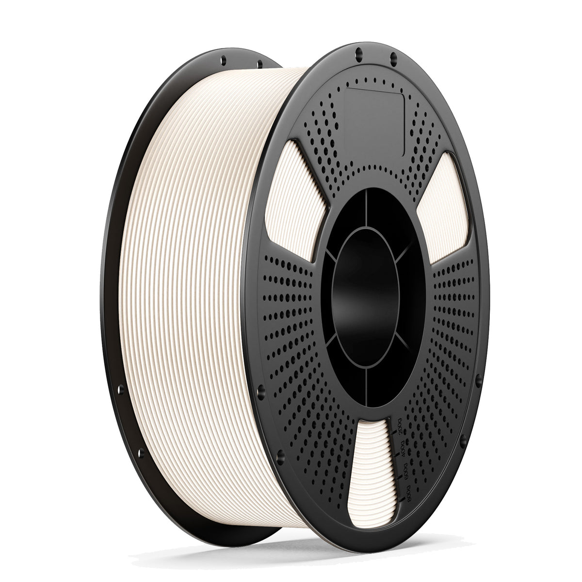 White PLA+ Elite filament spool, black perforated reel with white filament.