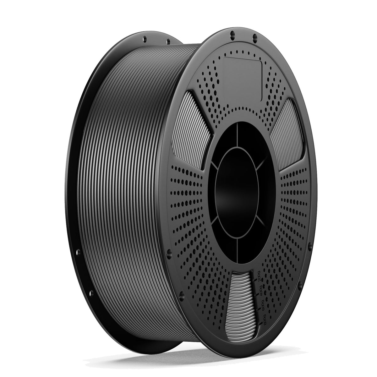 Black 3D printing filament spool with perforated metal hub and textured ridges