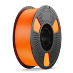 Orange 3D printing filament spool with perforated hub and glowing coil highlights