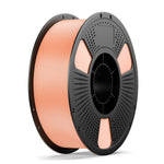 PLA+ filament spool with orange-pink PLA strand on black reel, circular hub