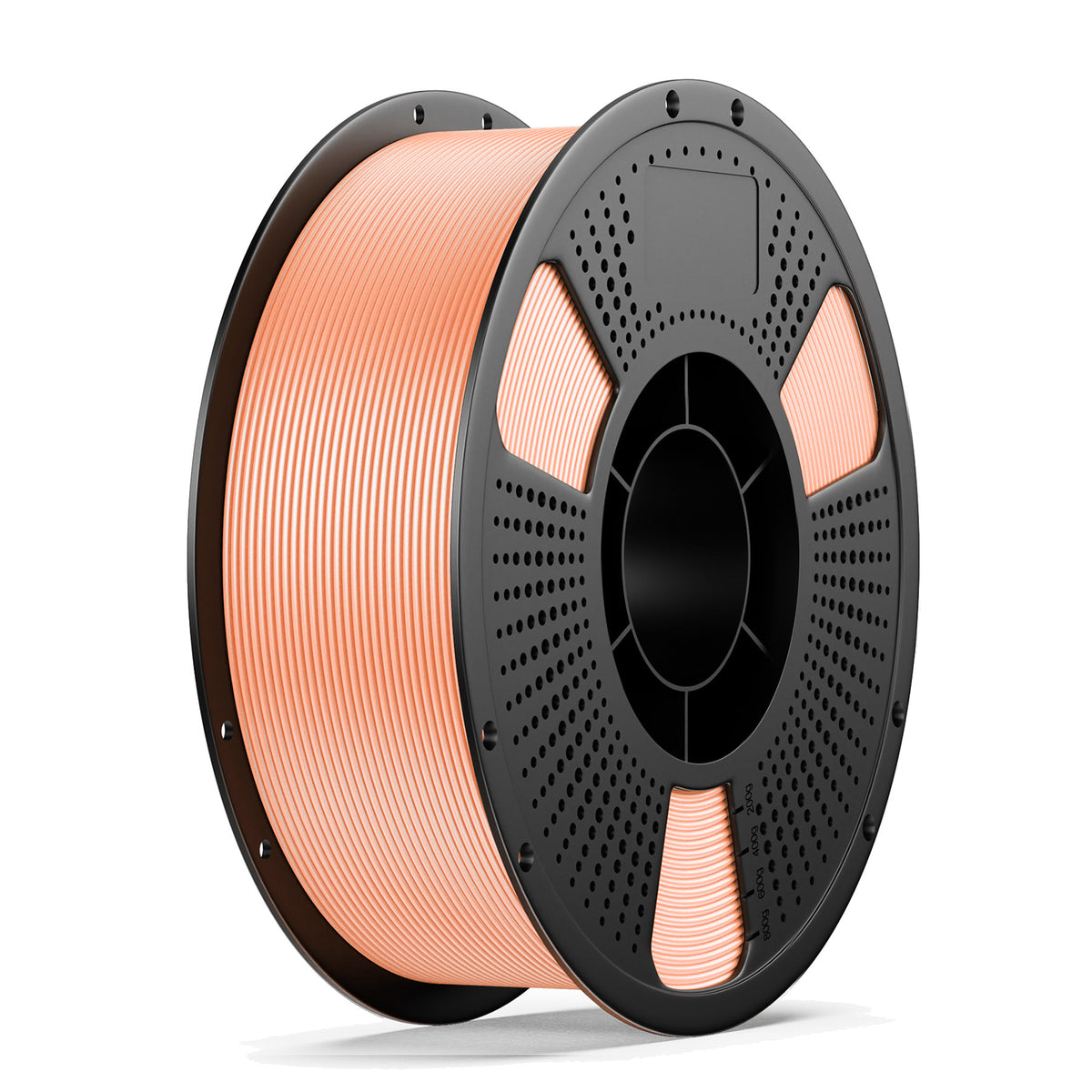 PLA+ filament spool with orange-pink PLA strand on black reel, circular hub