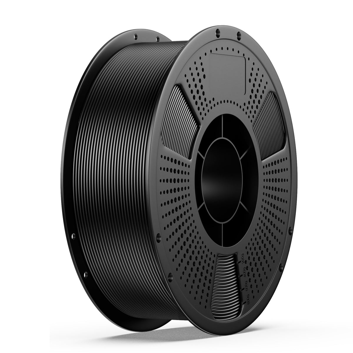 3D printing filament spool in black with perforated hub and textured rim