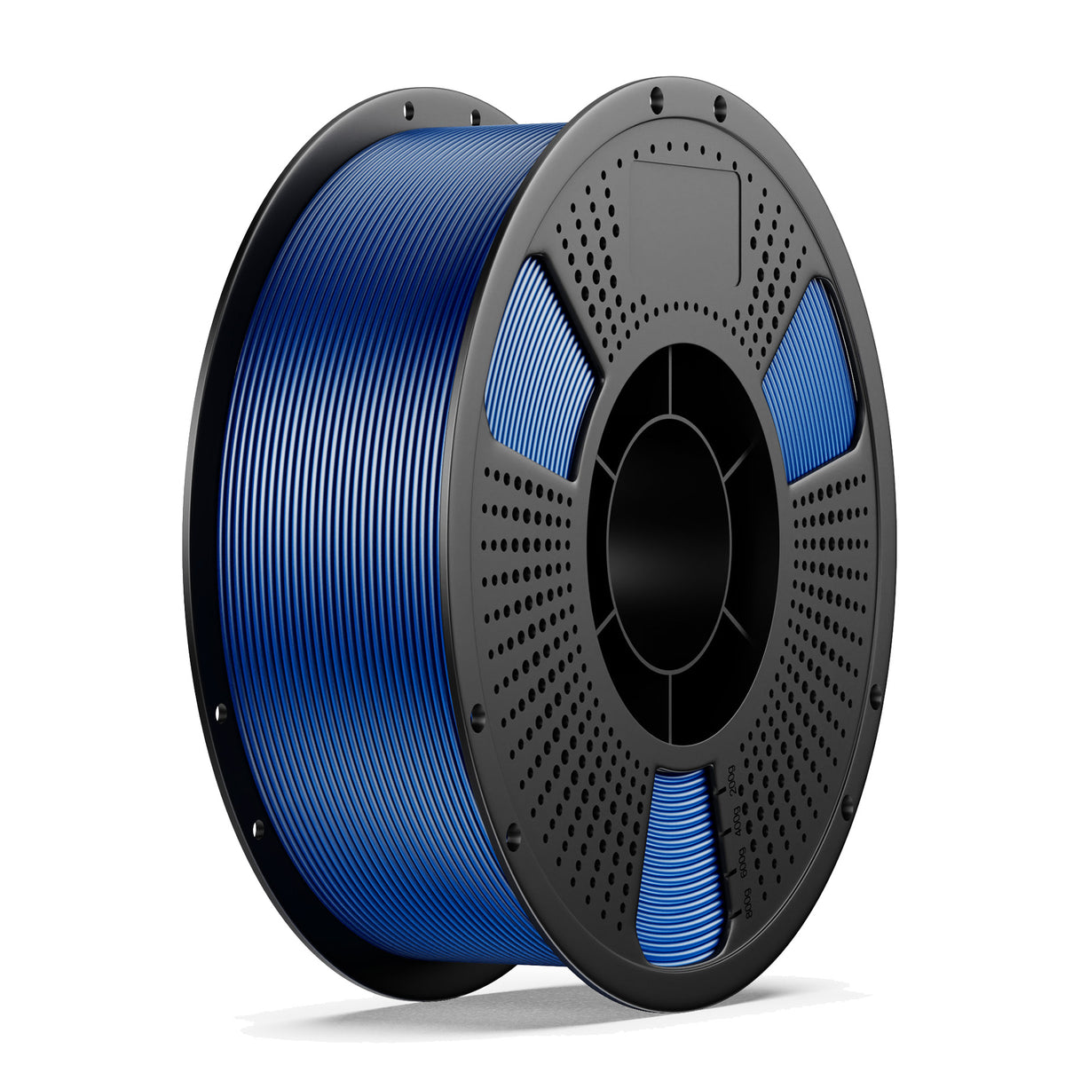 PLA+ Hyper filament spool in blue, side view of perforated gray center