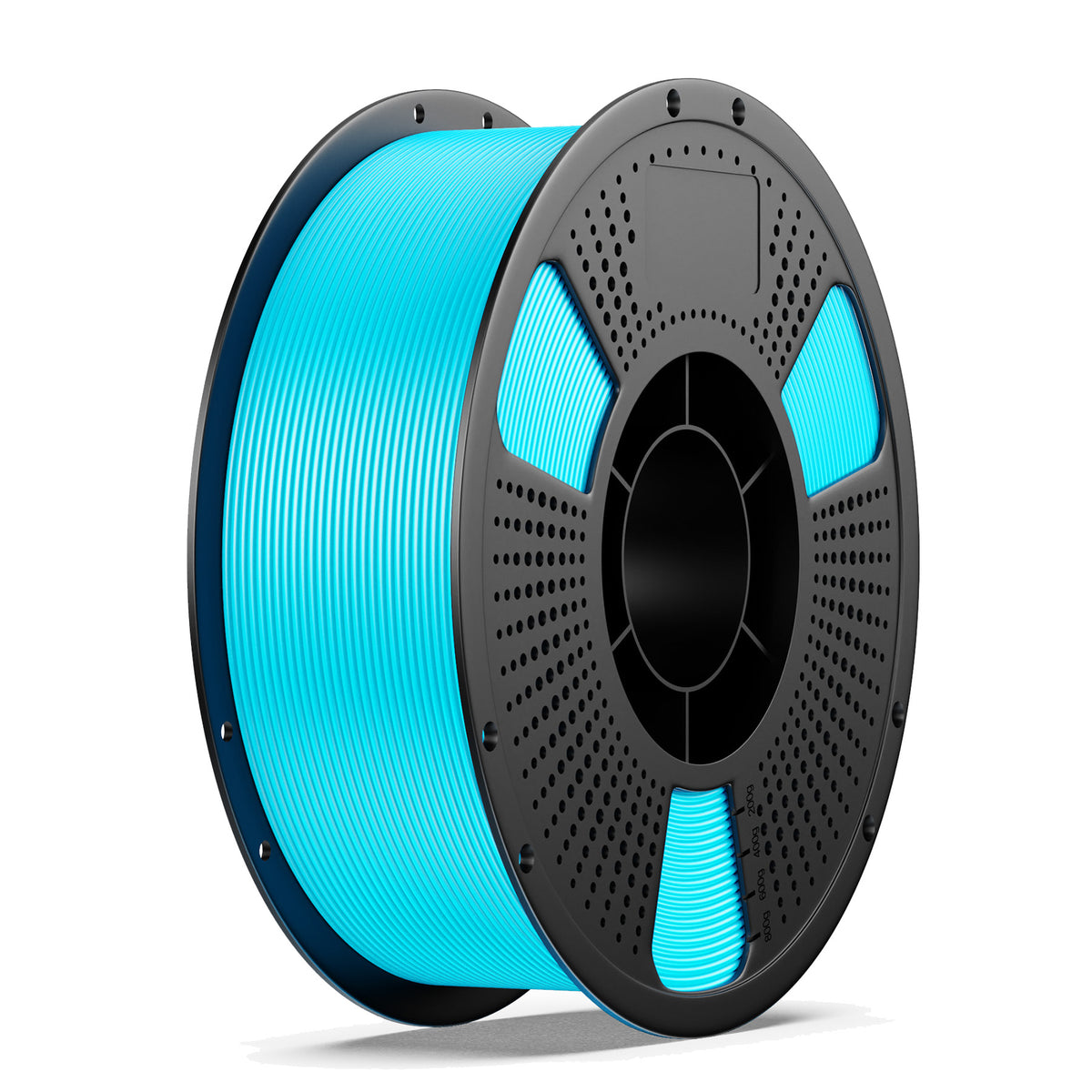 PLA+ 3D printing filament spool, blue roll with black hub and perforated plate