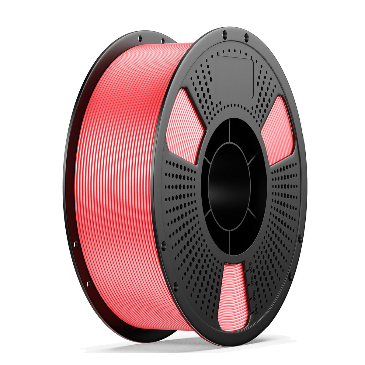 PLA+ 3D printing filament spool, pink filament roll with black hub and side holes