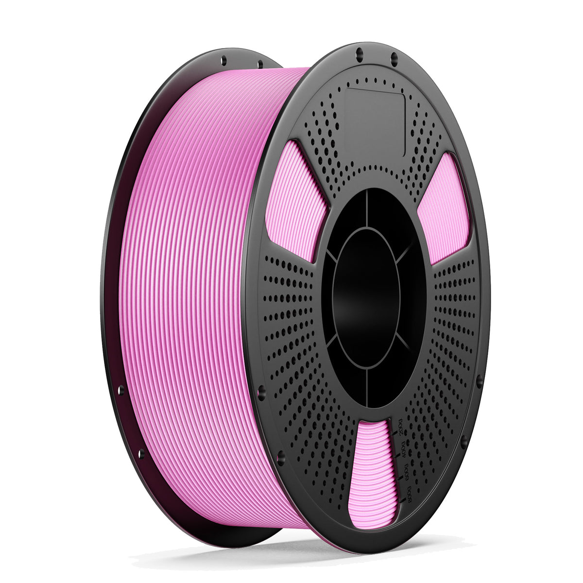 PLA+ 3D printing filament spool, magenta-pink filament on black reel with holes