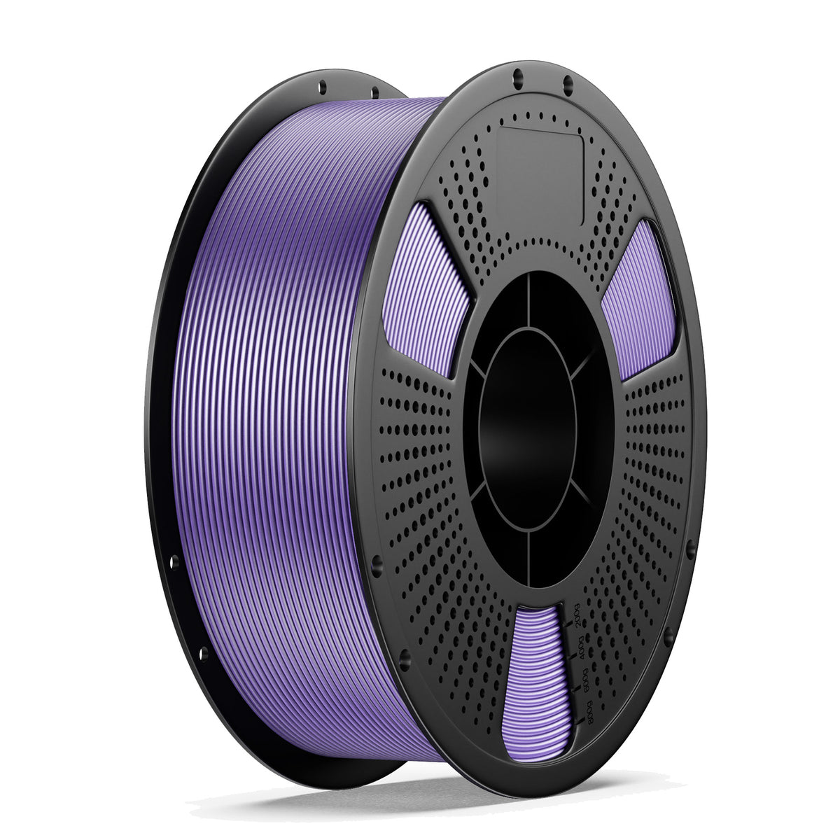 PLA+ 3D printing filament spool, purple filament roll with black hub and perforations