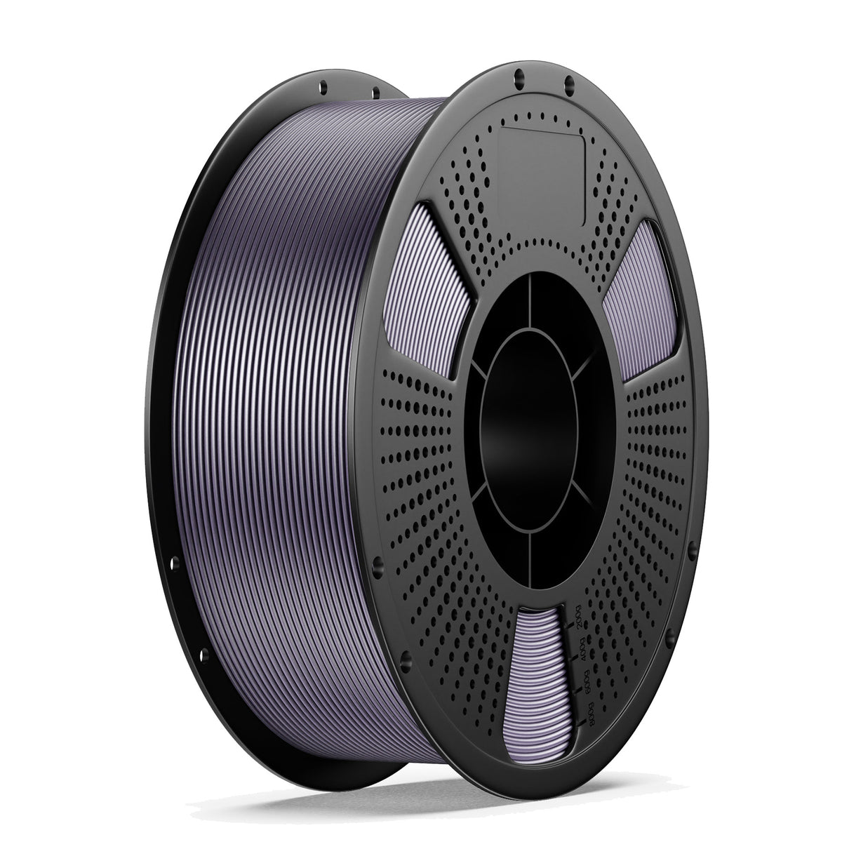 3D printing filament spool in purple with perforated dark hub