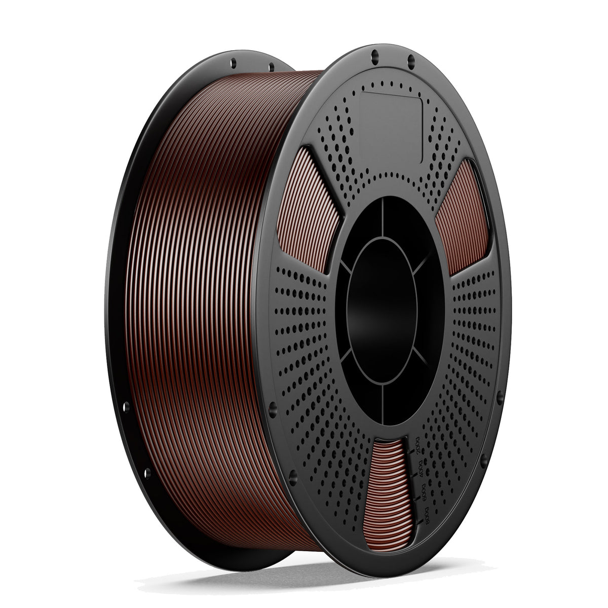 Brown TPU 3D printing filament spool with perforated drive plate and central hub.