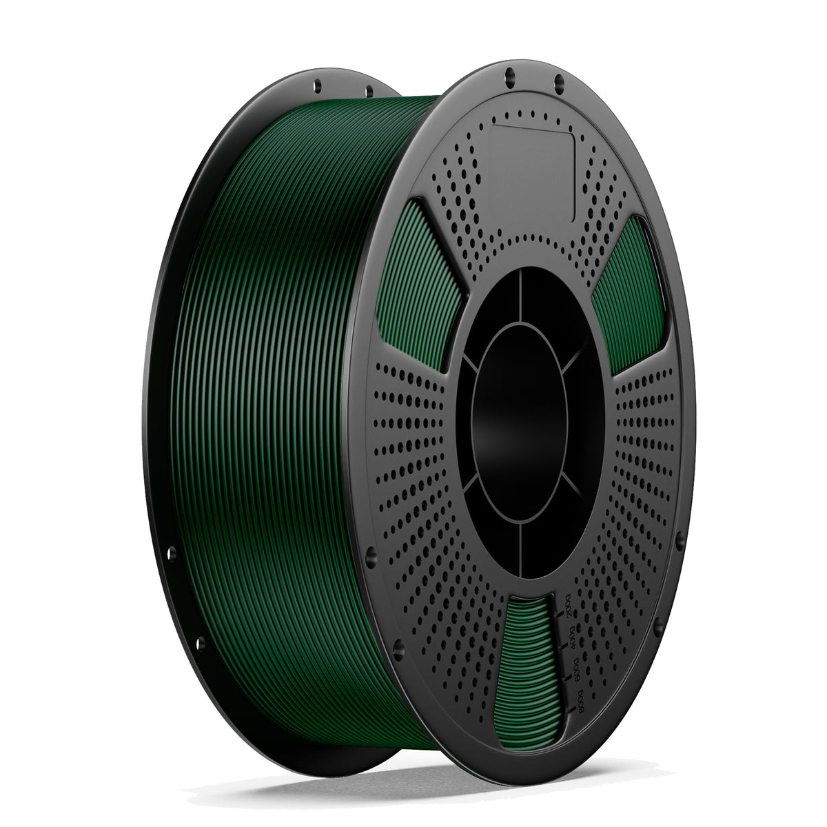Green TPU 3D printing filament spool reel with perforated outer plate and hub.