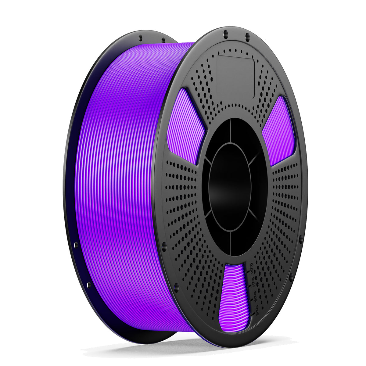 TPU filament spool in purple with perforated black reel core