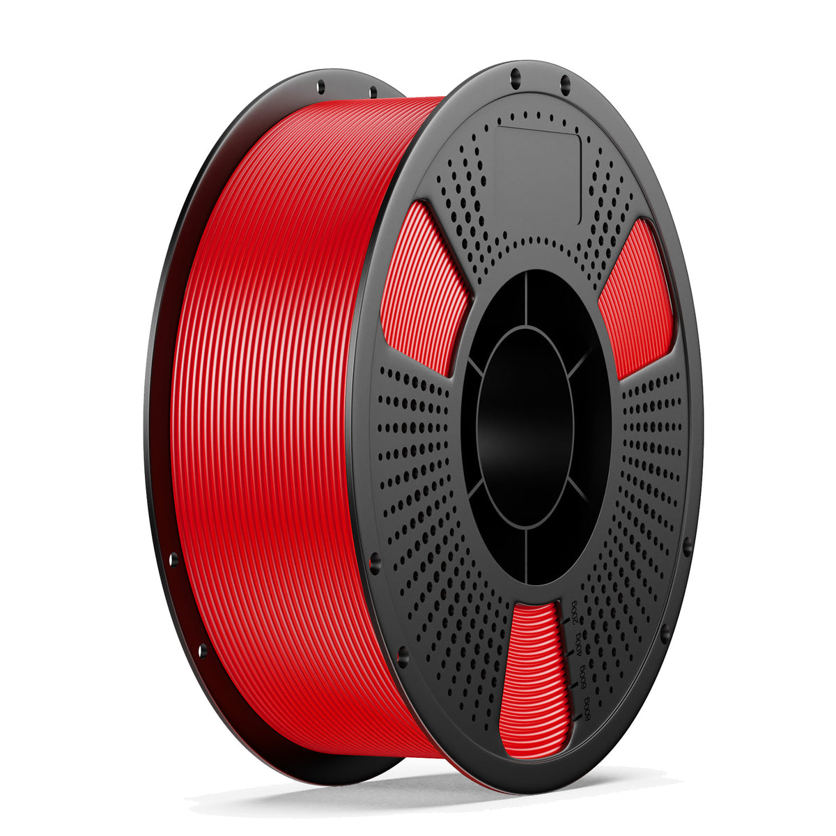 TPU 3D printing filament spool, red coiled filament on black perforated reel