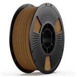 PETG wood 3D printing filament spool, brown on perforated gray reel