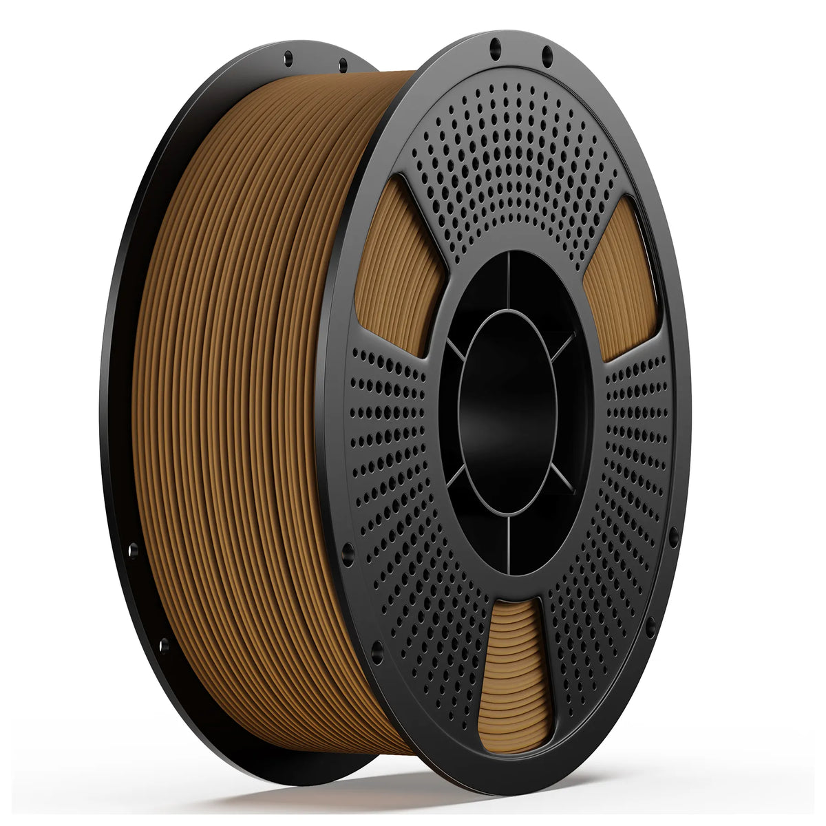 PETG wood 3D printing filament spool, brown on perforated gray reel