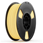 PETG wood 3D printing filament spool, yellow on perforated gray reel