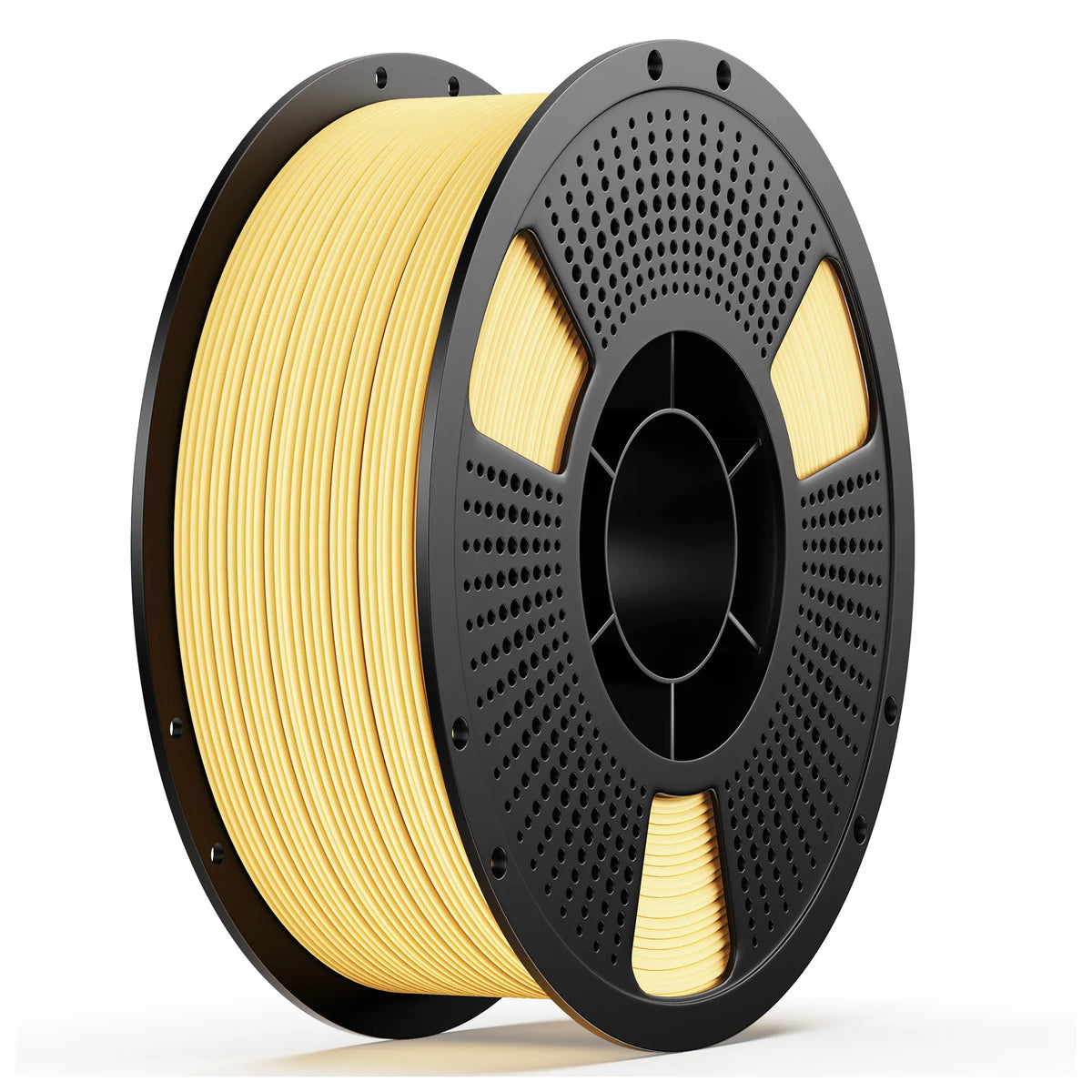 PETG wood 3D printing filament spool, yellow on perforated gray reel