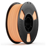 PETG wood 3D printing filament spool, orange on perforated gray reel