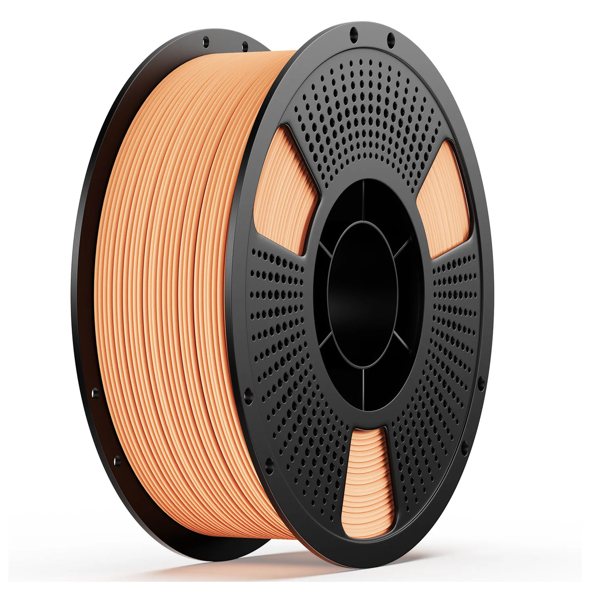 PETG wood 3D printing filament spool, orange on perforated gray reel