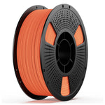 PETG wood 3D printing filament spool, red-orange on perforated gray reel