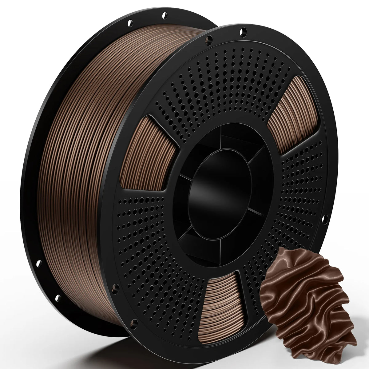 3D printing PLA metal filament spool with bronze copper filament and a matching coiled strand