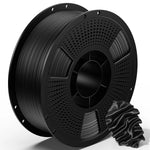 3D printing PLA metal filament spool with dark gray metallic filament and coiled sample