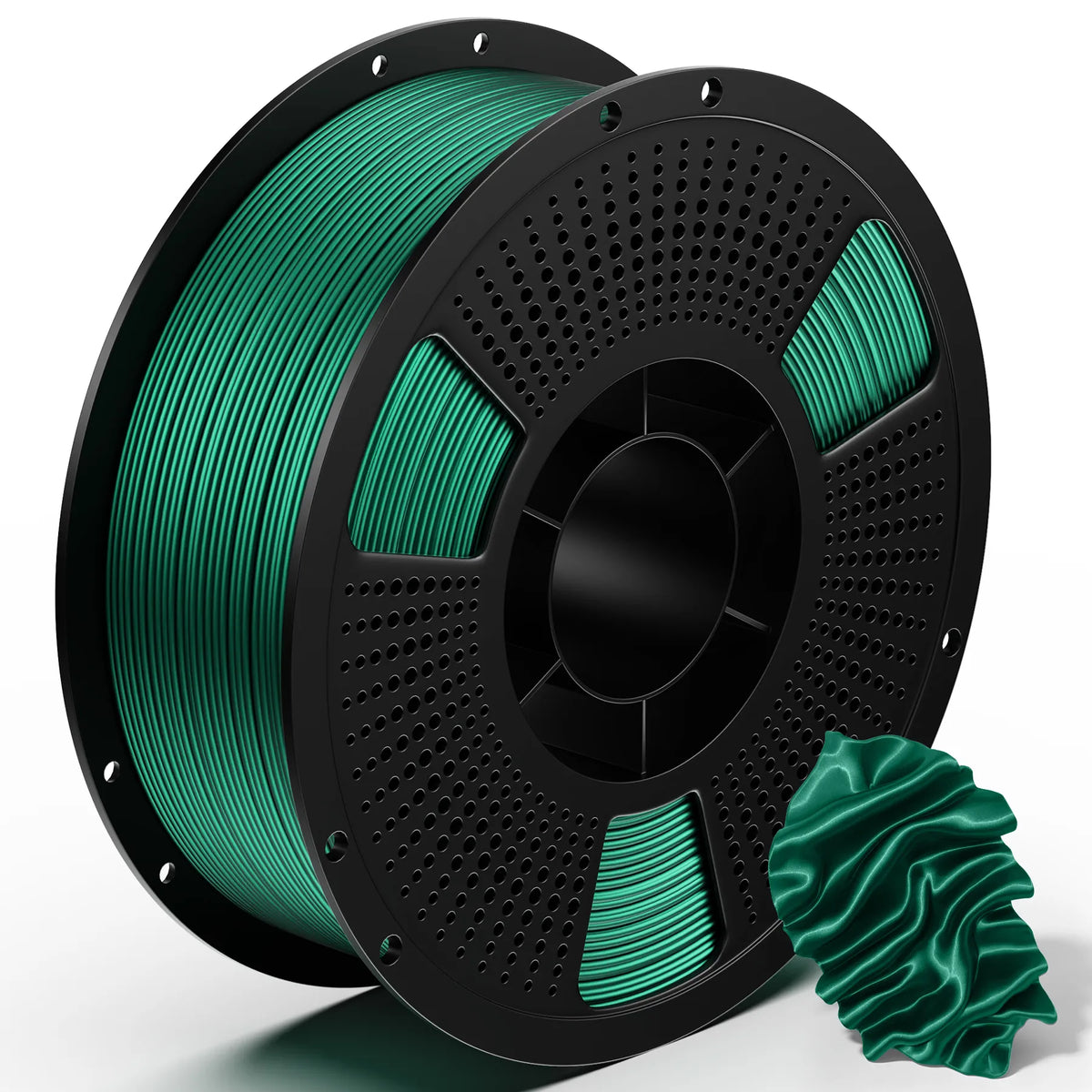 PETG filament spool with teal-green winding and curled sample on black circular reel