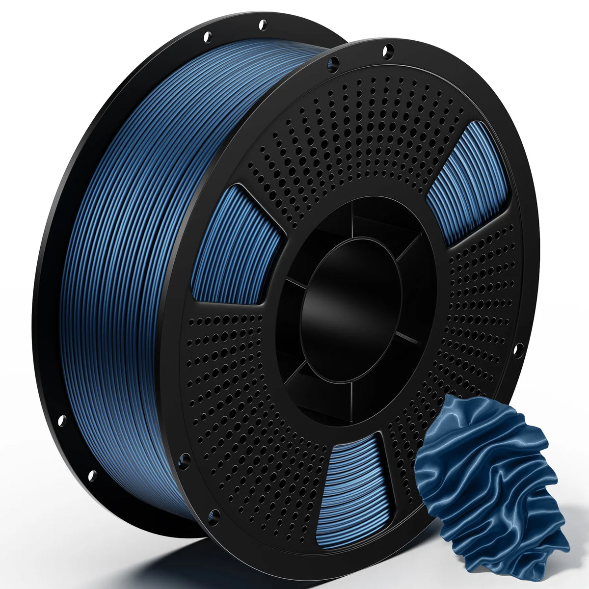 3D printing PLA metal filament spool with blue metallic filament and coiled sample strand