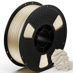 3D printing PLA metal filament spool with light gold metallic filament and curled sample