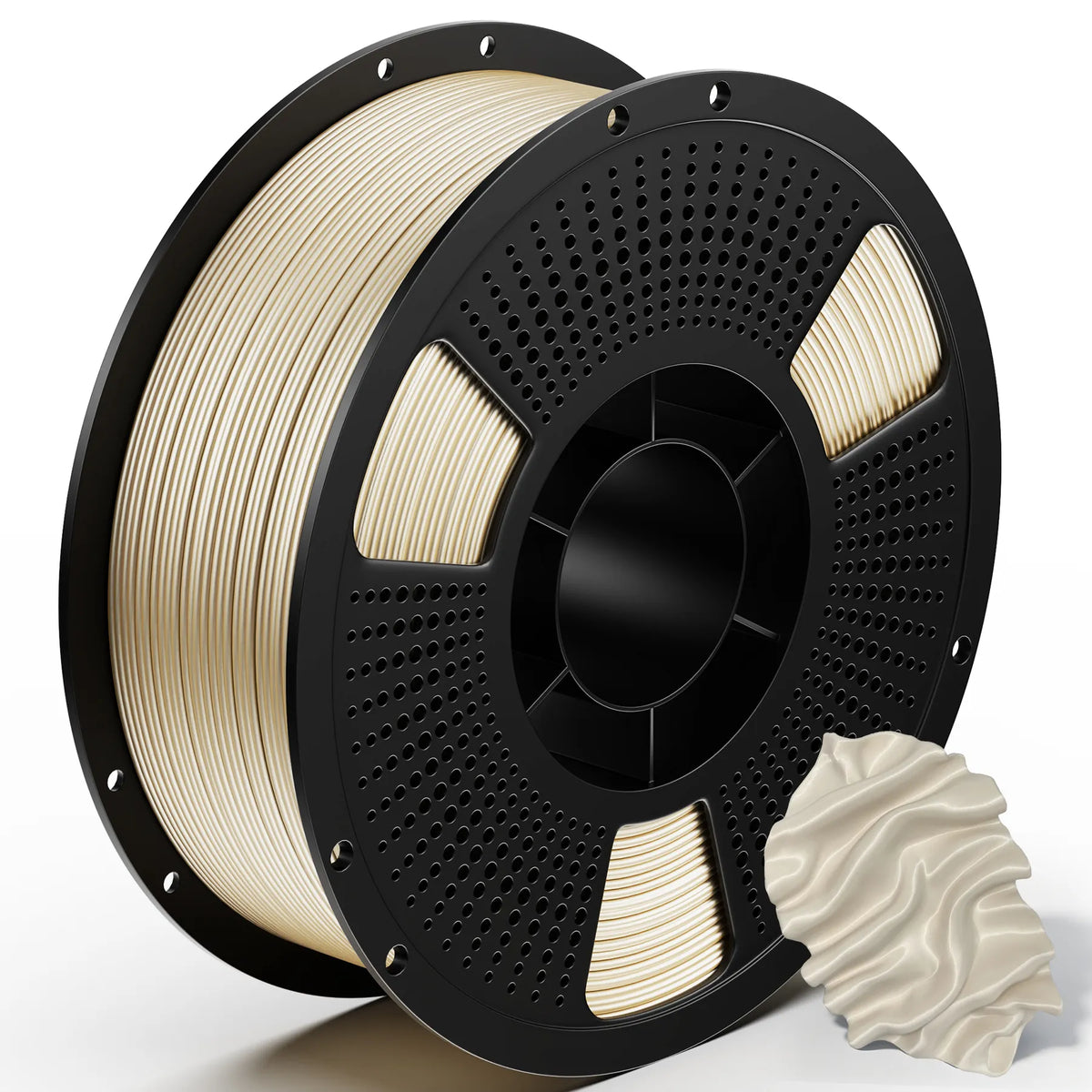 3D printing PLA metal filament spool with light gold metallic filament and curled sample