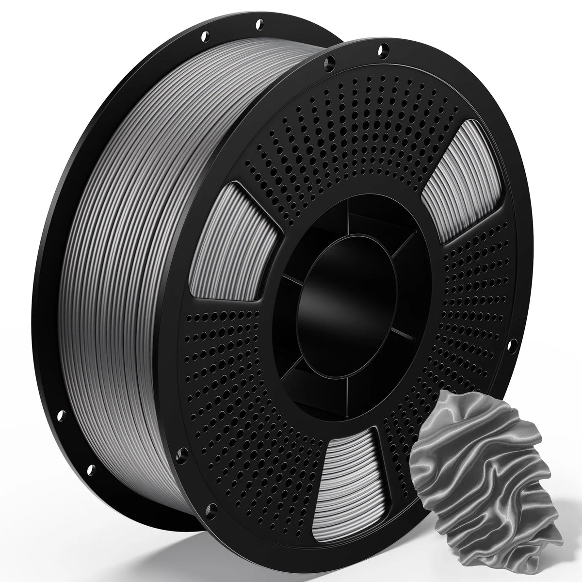 PETG filament spool with light gray winding and matching curled sample on black reel