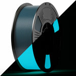 PLA filament spool with teal luminous blue ribbon on dark reel