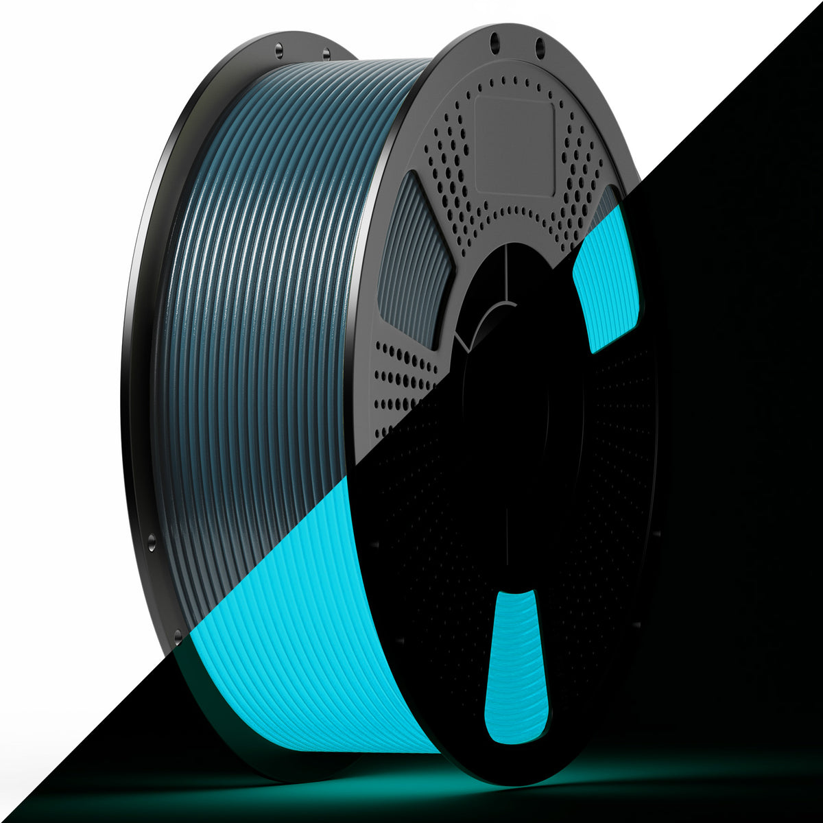 PLA filament spool with teal luminous blue ribbon on dark reel