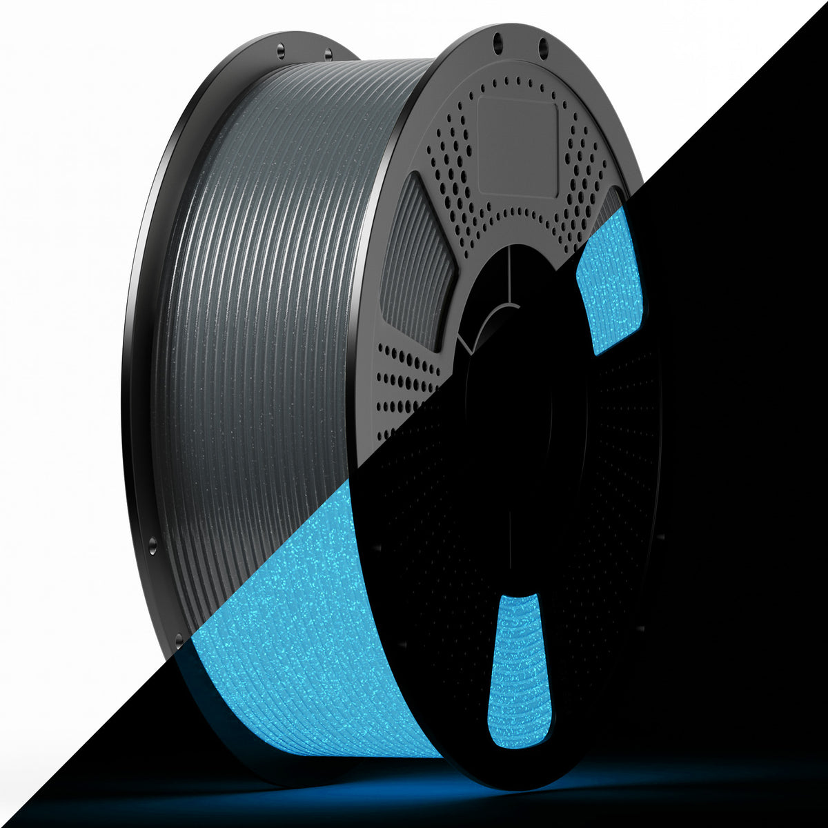 PLA filament spool with dark gray reel and bright teal luminous filament