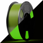 PLA luminous filament spool with lime green ribbon on dark reel