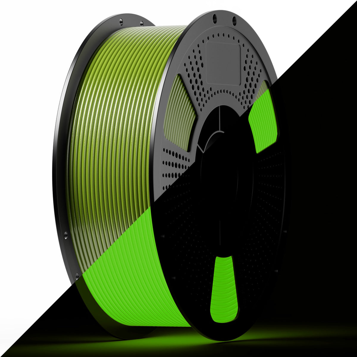 PLA luminous filament spool with lime green ribbon on dark reel